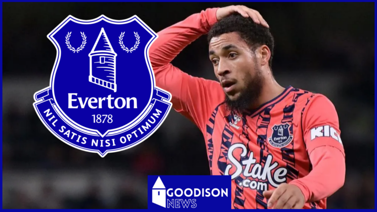 Everton logo and Arnaud Danjuma in away kit