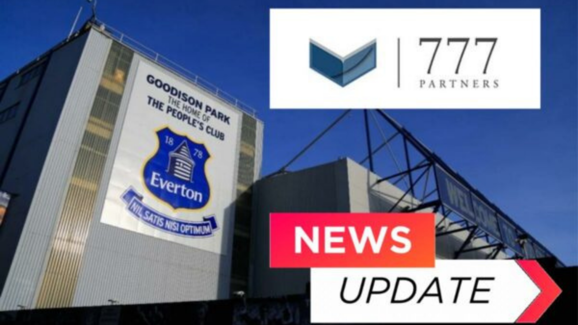 777 Partners logo and Everton stadium Goodison Park