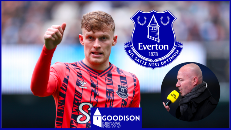 Jarrad Branthwaite and Alan Shearer with Everton badge