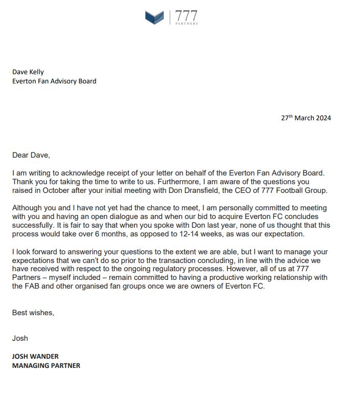 Josh Wander letter to Everton Fan Advisory Board 777 Partners