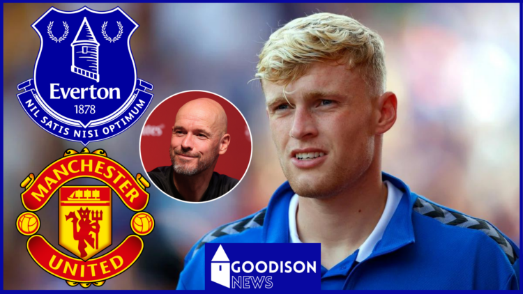 Everton badge, Manchester United badge, Jarrad Branthwaite, Erik Ten Hag