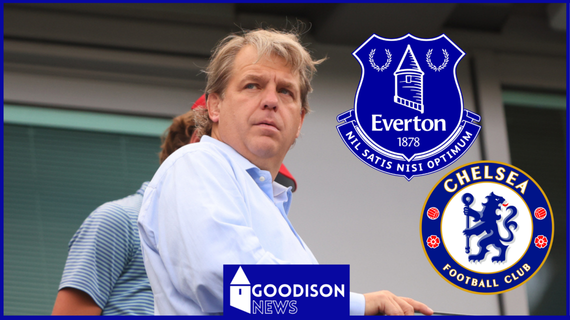 Chelsea owner Todd Boehly with Everton and Chelsea badges.