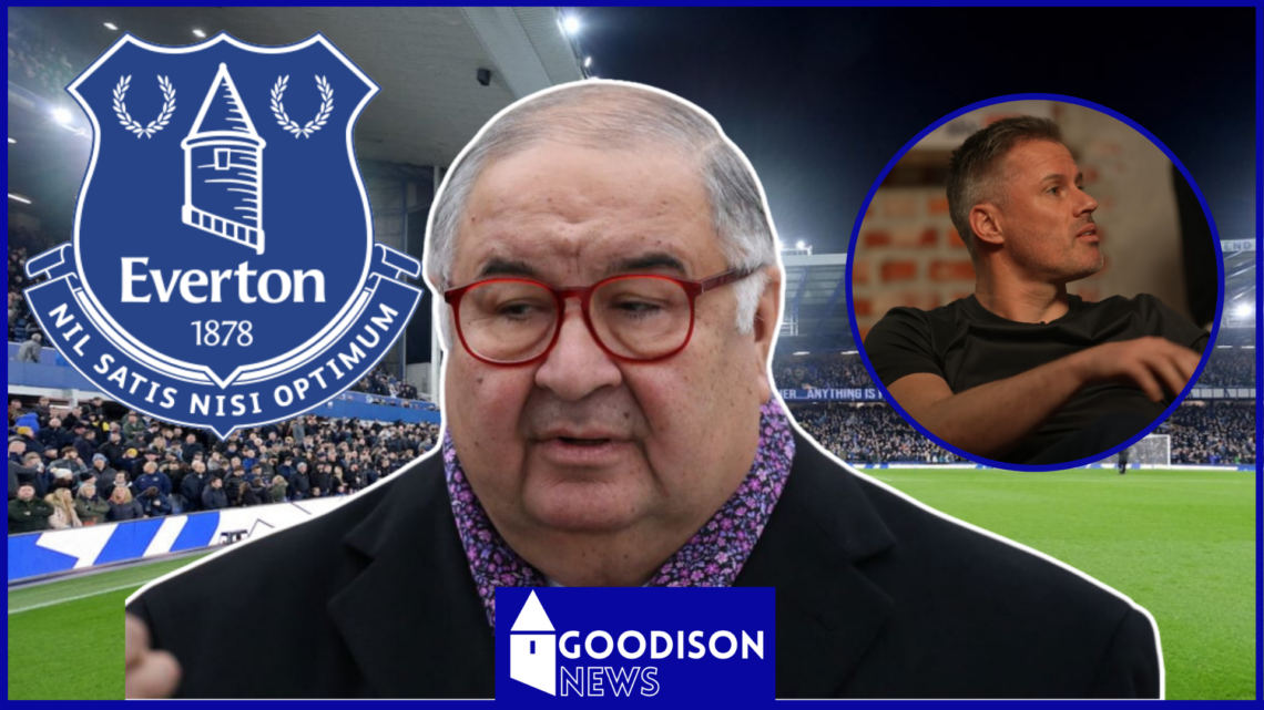 Everton logo, Alisher Usmanov and Jamie Carragher