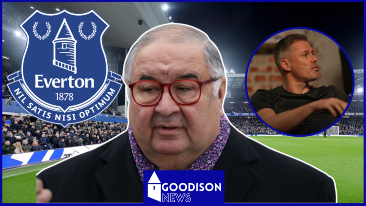Everton logo, Alisher Usmanov and Jamie Carragher