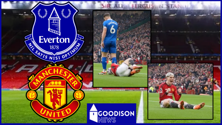 Everton Manchester United logos at Old Trafford James Tarkowski and Alejandro Garnacho
