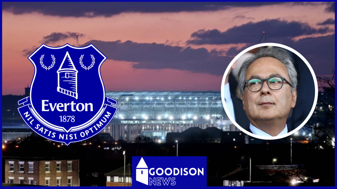 Farhad Moshiri with Everton badge and Bramley Moore Dock stadium