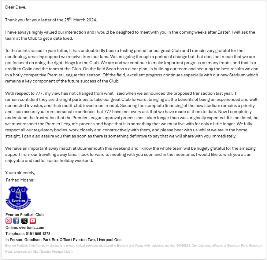Farhad Moshiri letter to Everton Fan Advisory Board