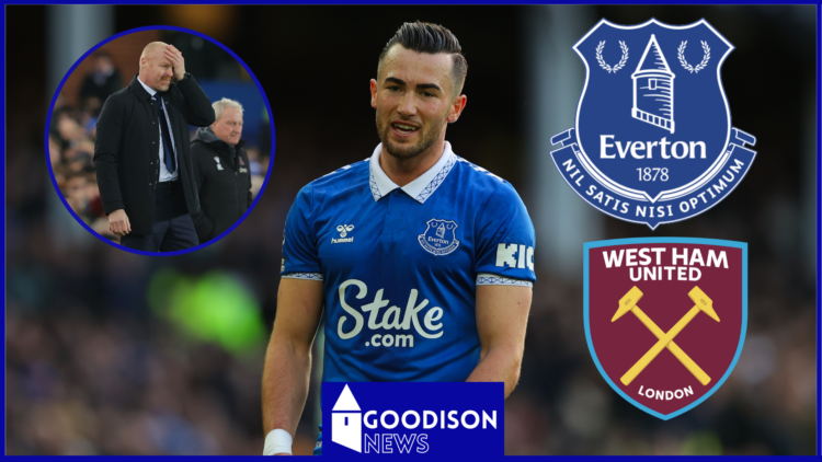 Jack Harrison, Sean Dyche, Everton and West Ham crests.