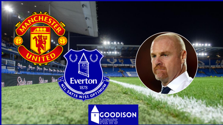 Sean Dyche with Everton and Manchester United badges