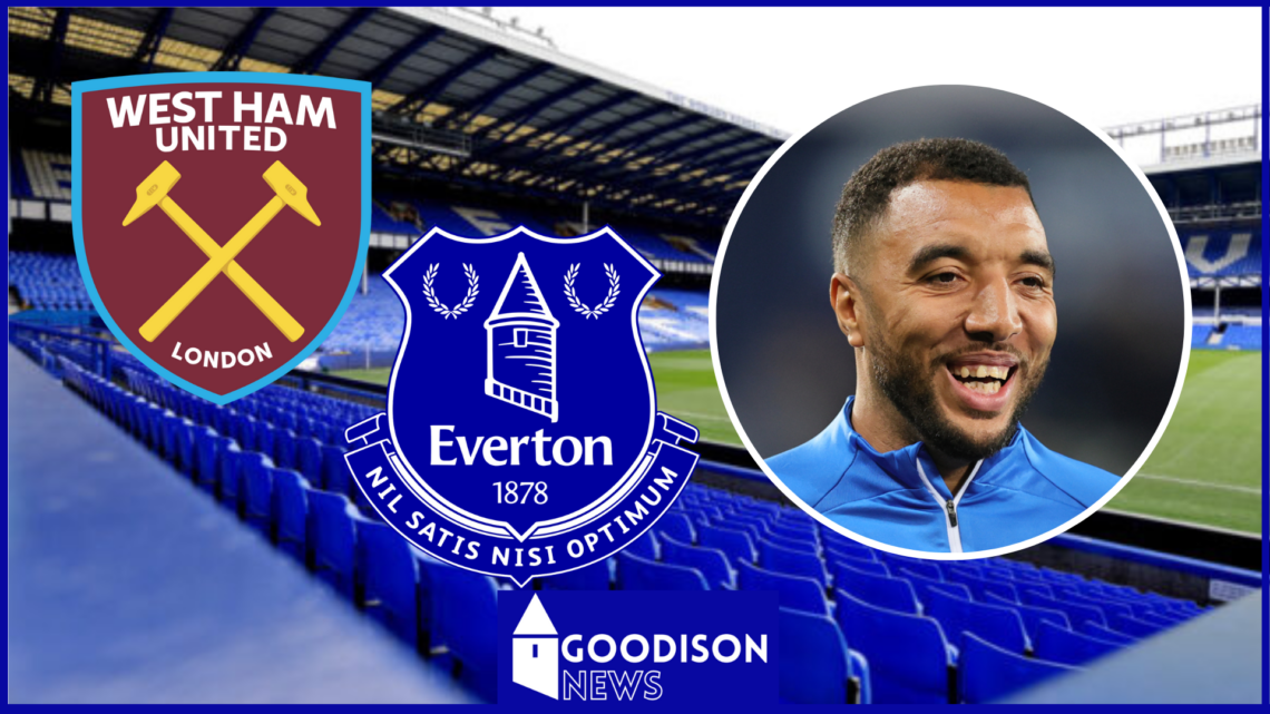 Troy Deeney with Everton and West Ham badges