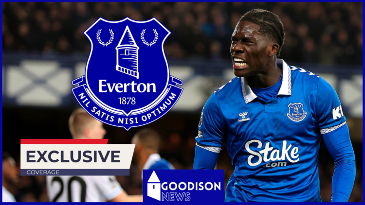 Amadou Onana with Everton badge and exclusive logo