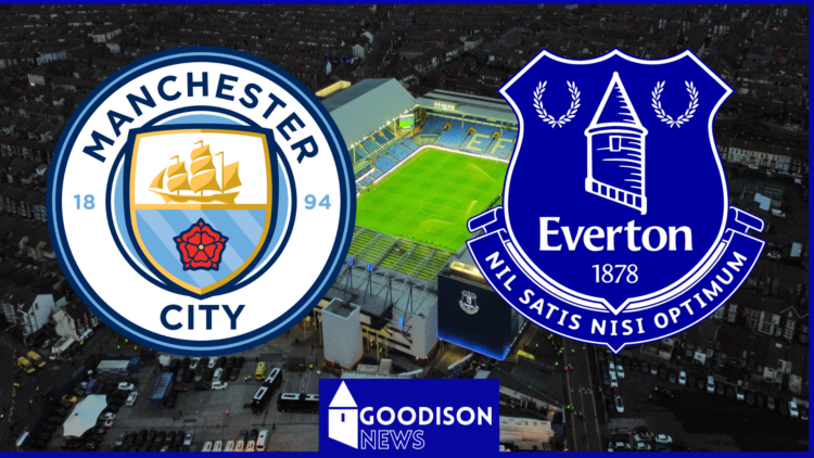 Manchester City and Everton badges on top of Goodison Park