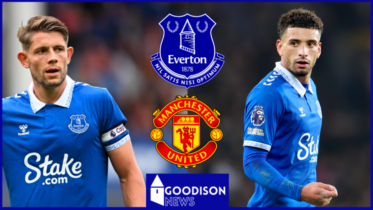James Tarkowski and Ben Godfrey with Everton and Man United badges