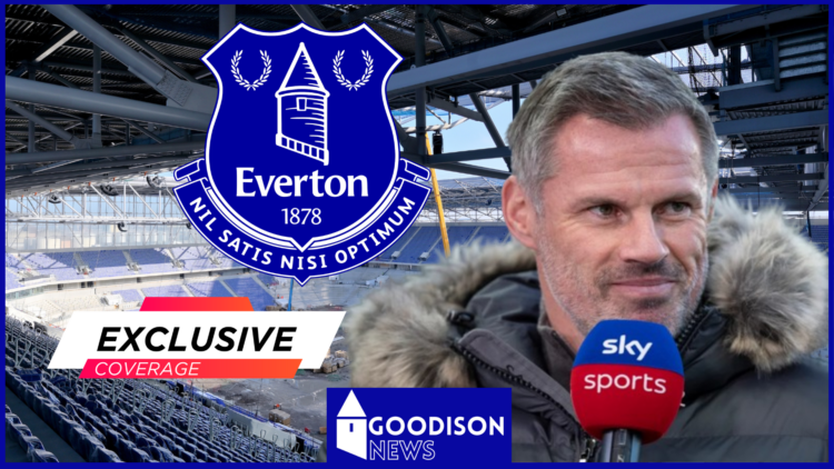 Jamie Carragher with Everton badge at Bramley-Moore Dock