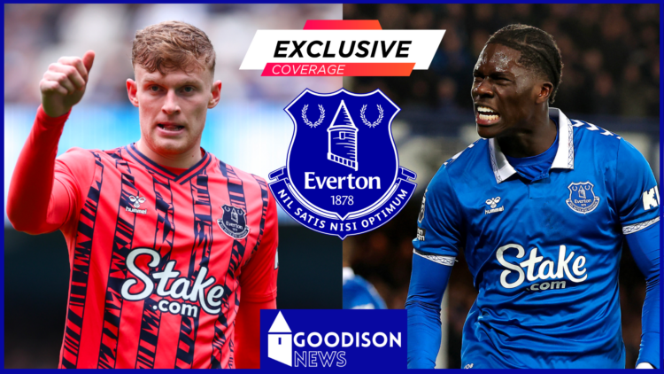 Jarrad Branthwaite and Amadou Onana with Everton badge