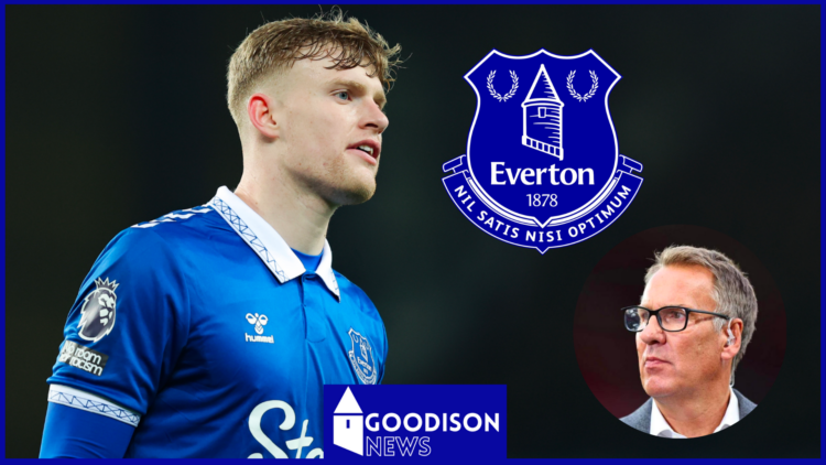 Jarrad Branthwaite and Paul Merson with Everton badge