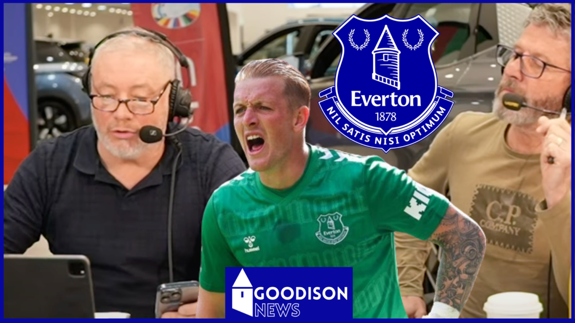 Jordan Pickford, Ally McCoist and Andy Townsend with Everton badge