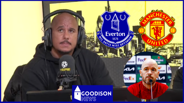 Gabby Agbonlahor and Erik ten Hag with Everton and Man United badges
