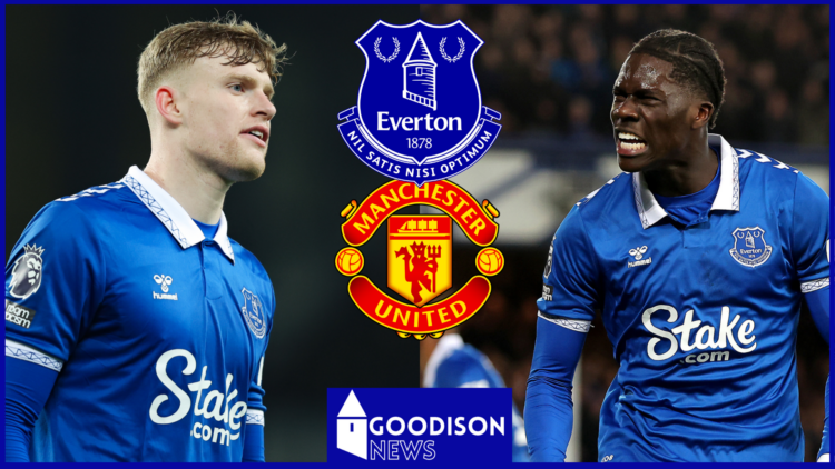 Amadou Onana and Jarrad Branthwaite with Everton and Man Utd badges
