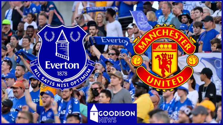 Everton fans with Everton and Manchester United badges