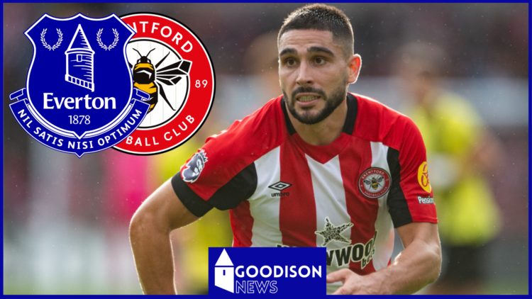 Neal Maupay with Everton and Brentford badges