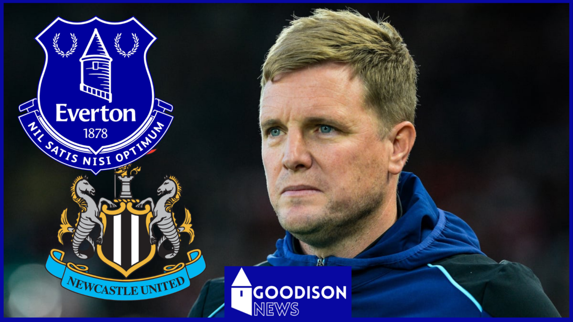Eddie Howe with Everton and Newcastle United badges