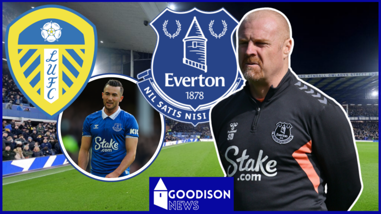 Sean Dyche, Jack Harrison, Leeds and Everton crests
