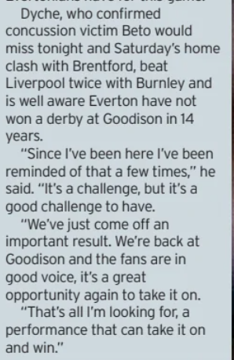 Sean Dyche on Everton v Liverpool in Daily Mirror article.