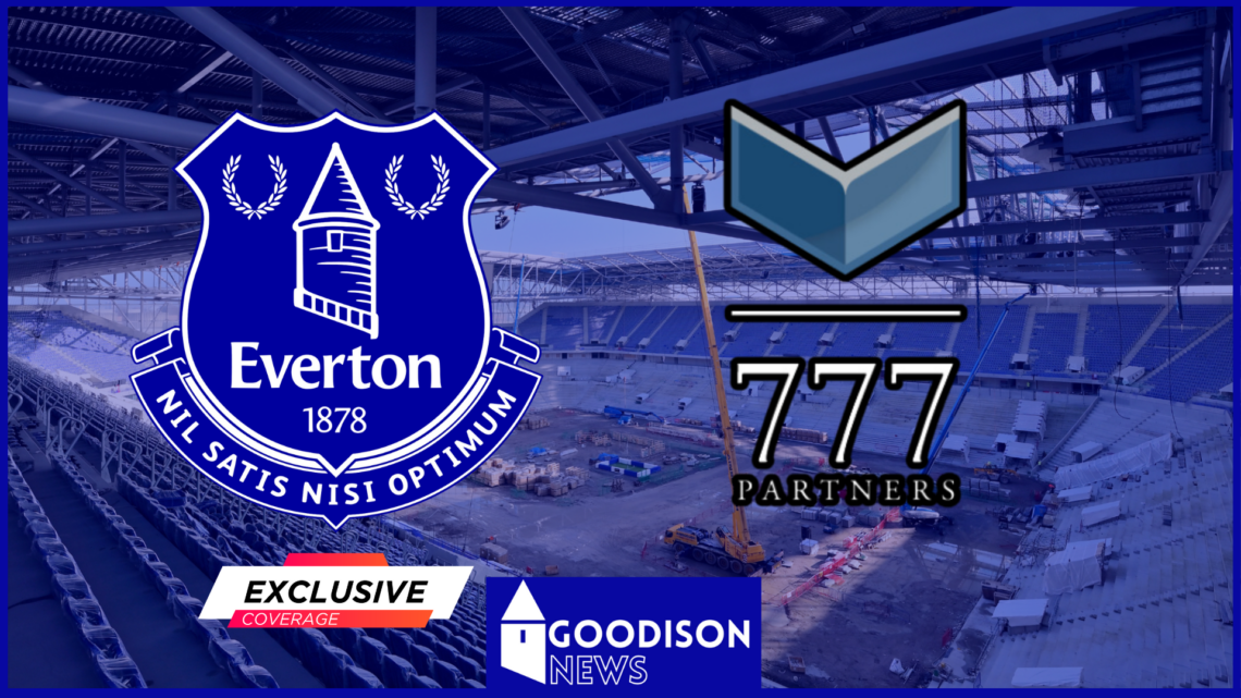 Everton badge with 777 Partners logo and Bramley Moore Stadium