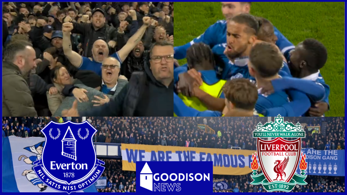 Everton badge, Liverpool badge, Everton fans at Goodison Park