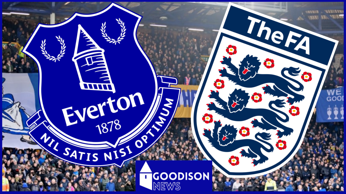 Everton badge, the FA logo, Goodison Park