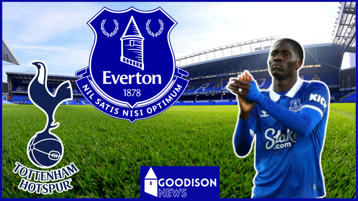 Amadou Onana, Everton badge, Tottenham badge, Goodison Park