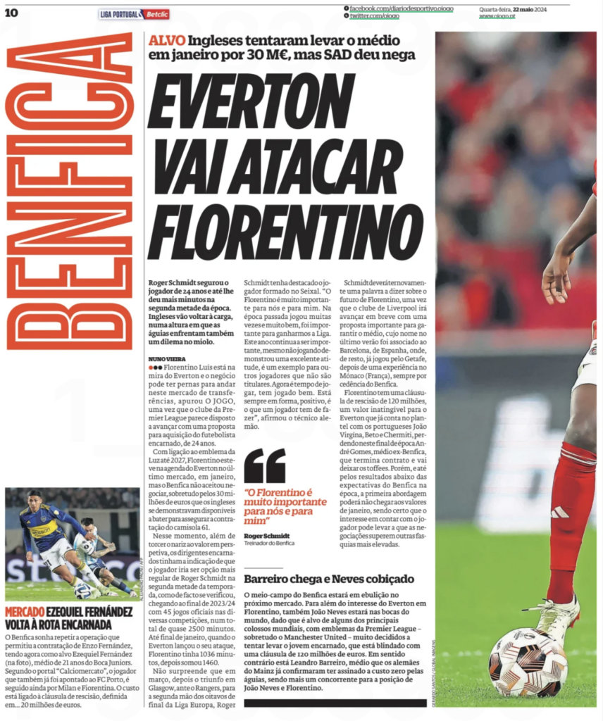 Florentino Luis, Everton, Benfica, O Jogo article