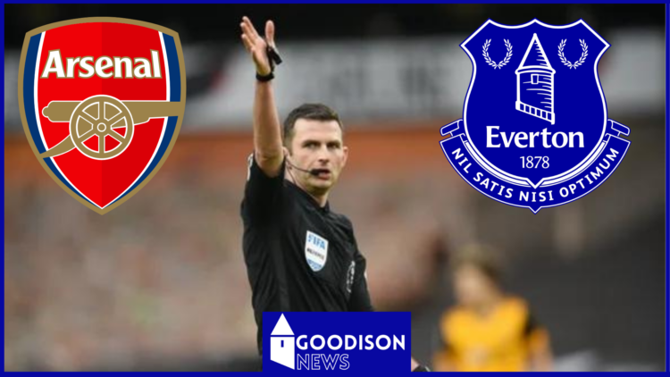 Arsenal badge, Everton badge, Michael Oliver