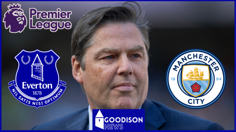 Everton badge, Manchester City badge, Premier League logo, Richard Masters