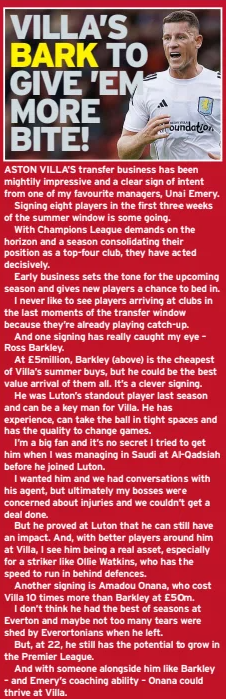 Robbie Fowler on Amadou Onana, Sunday Mirror (28 July, pg. 73)