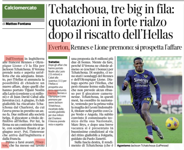 Jackson Tchatchoua, Everton, Corriere Di Verona article
