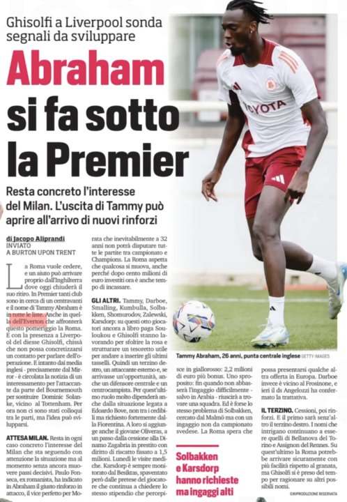 Tammy Abraham, Everton, AS Roma, Corriere dello Sport article