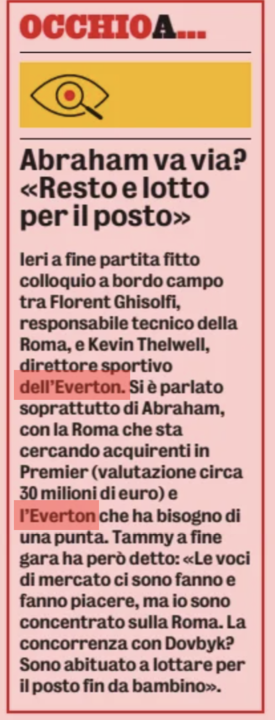Tammy Abraham, AS Roma, Everton, Gazzetta dello Sport article