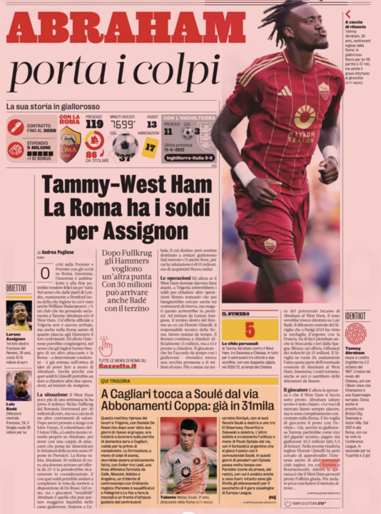 Tammy Abraham, Everton, AS Roma, Gazzetta dello Sport article