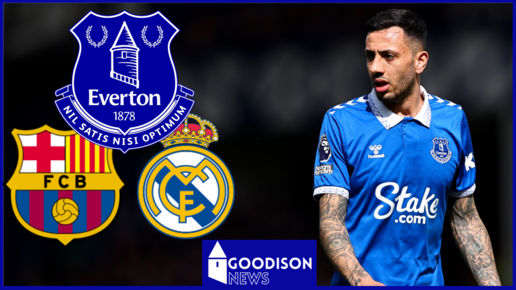 Dwight McNeil, Everton badge, Barcelona badge, Real Madrid badge