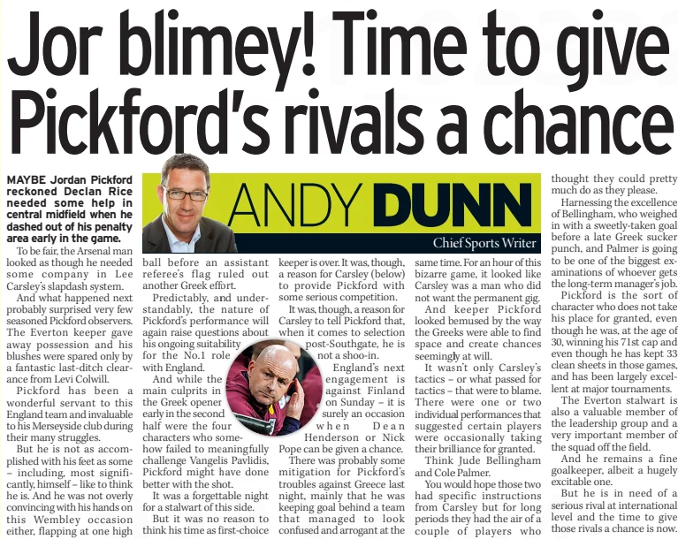 Screenshot of Andy Dunn's Mirror article om Everton 'keeper Jordan Pickford.