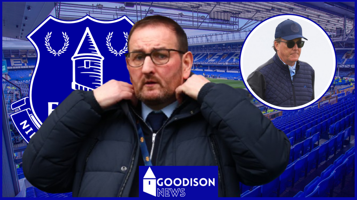 Kevin Thelwell, Dan Friedkin in inset, Everton badge