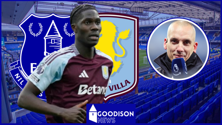 Amadou Onana, Leon Osman in inset, Everton badge, Aston Villa badge