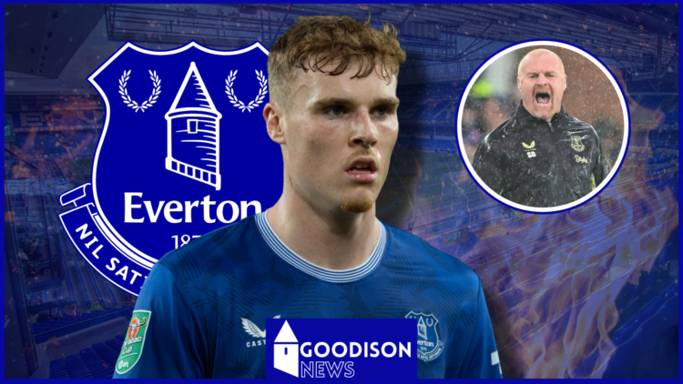 Jake O'Brien, Sean Dyche in inset, Everton badge