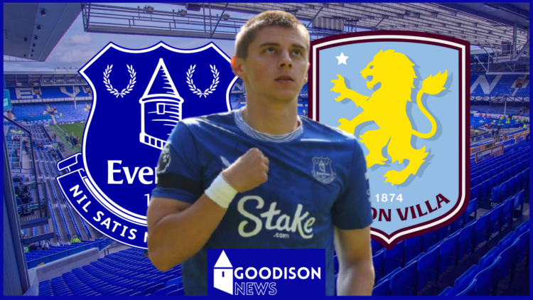 Vitalii Mykolenko, Everton badge, Aston Villa badge