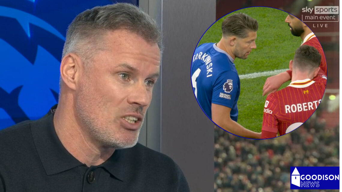 Jamie Carragher reacts to the James Tarkowski incident in Liverpool v Everton.