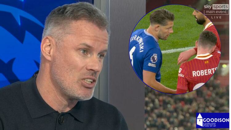 Jamie Carragher reacts to the James Tarkowski incident in Liverpool v Everton.