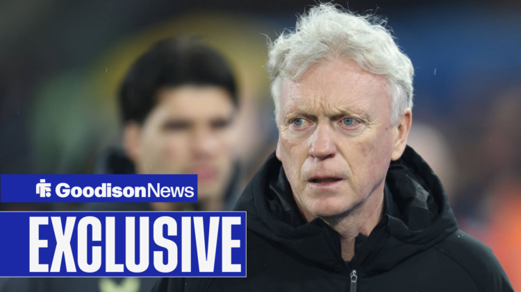 Goodison News exclusive as Everton manager David Moyes stares into the distance with a concerned expression.