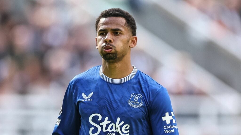 Iliman Ndiaye puffs out his cheeks for Everton.